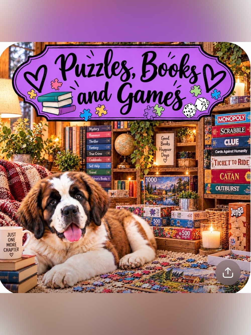 Puzzles, books, games, crafts…